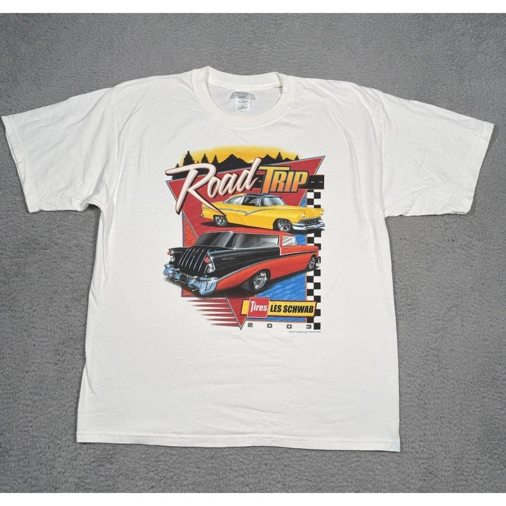 Vintage Y2K Road Trip Tires Les Schwab Graphic Print T-Shirt White‎ Mens XL Car